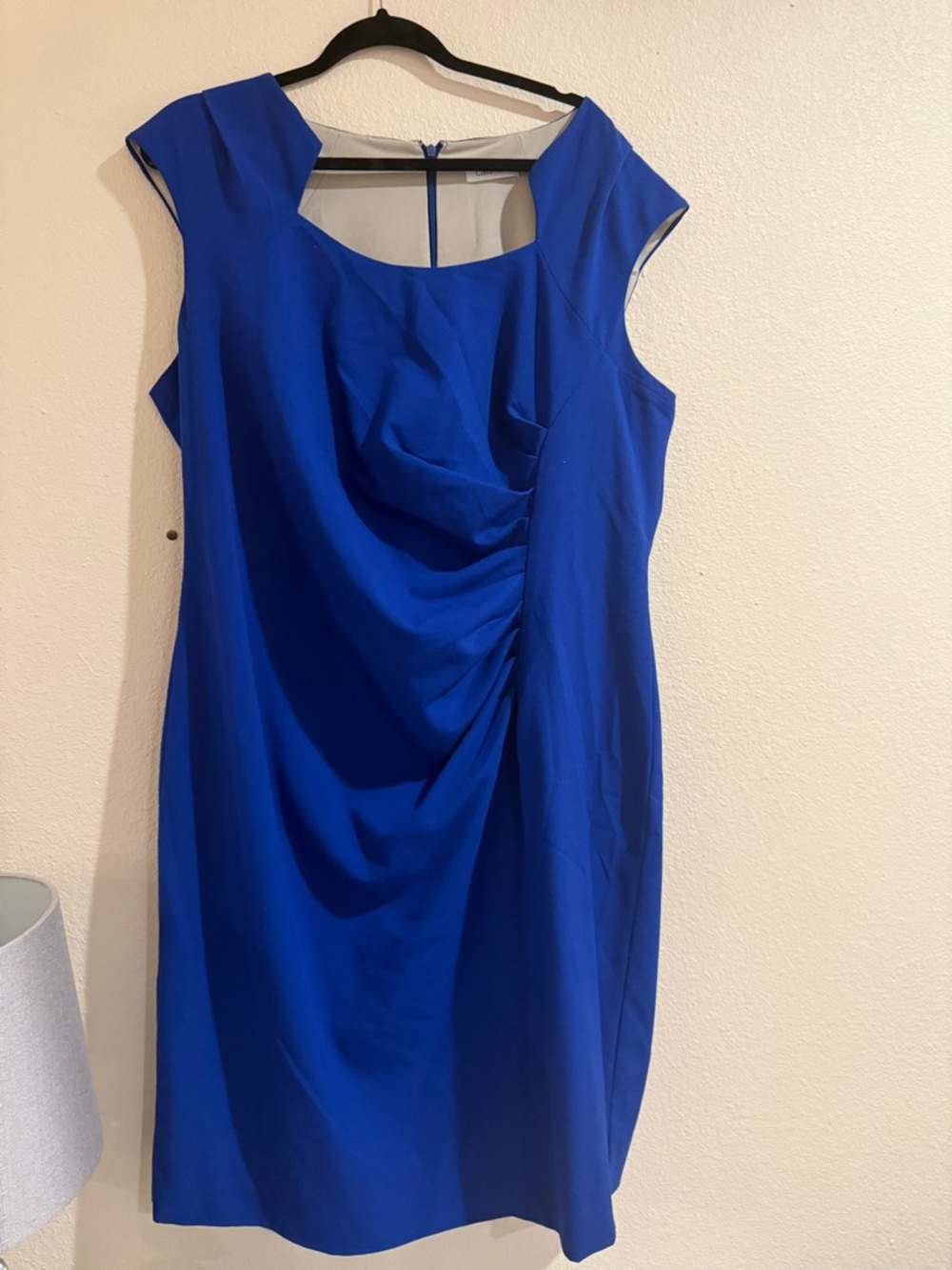Calvin Klein Cobalt Blue Cap-Sleeve Midi Dress with Draped Front